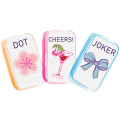 A playful illustration of three colorful mahjong-inspired tiles featuring a dot flower, a cocktail glass, and a ribbon joker symbol. Ideal for stickers, T-shirt prints, digital downloads, stationery