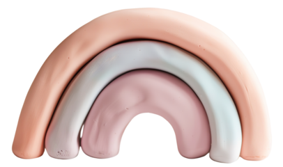 A clay rainbow made from smooth, chunky segments stands isolated on a transparent background. It features soft colors shaped into an arc for various uses in art and design