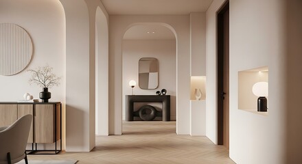 Minimalist modern interior hallway design with archways and elegant decor