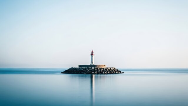 Serene lighthouse on calm sea with clear sky - Powered by Adobe