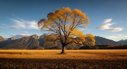 Naklejka premium Lone Golden Tree in Autumn Field with Mountain Backdrop.