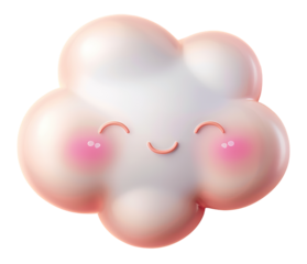 The smiling cloud character has pink cheeks and a happy face. It is isolated on a transparent background, ready for various creative projects, including designs or animations