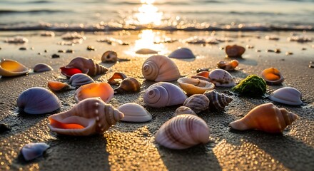 Seashells Scattered on a Sandy Beach with Sunset Reflections