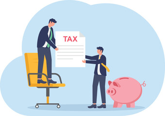 accounting or bills, wealth management or savings, businessman holding saving piggybank looking at tax bills.
