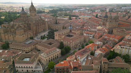 A panoramic aerial view of the old town around the city of Salamanca in west of Spain on a cloudy summer noon 