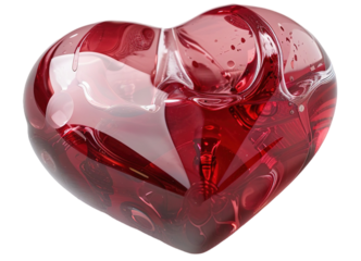 A red glass heart is isolated on a transparent background. It appears to glow from within, showcasing its shape and design. This cut-out element can be applied in different projects