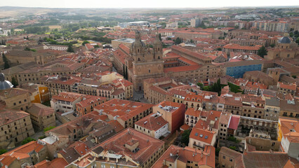 An Aerial panorama view of the old town around the city of Salamanca in west Spain on a cloudy noon in summer