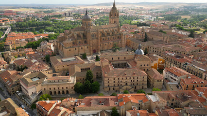 An Aerial panorama view of the old town around the city of Salamanca in west Spain on a cloudy noon in summer