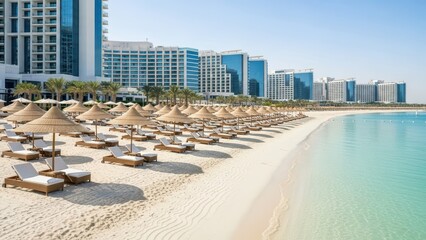 Sunny beachside lounge chairs and umbrellas on a resort coast