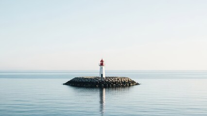 Isolated lighthouse on calm sea under clear sky at daytime