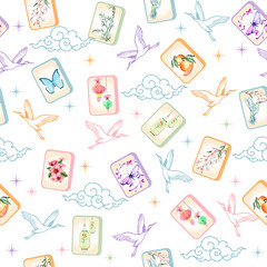 Seamless mahjong tile pattern with watercolor cranes, clouds, floral motifs and pastel palette, repeating decorative background for fabric, wallpaper, stationery, packaging & surface design for prints