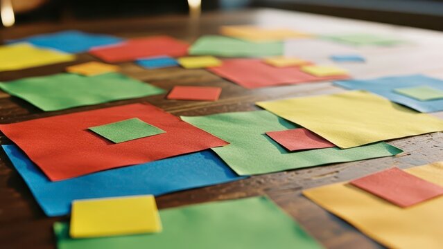Colorful Paper Squares Arranged on a Wooden Surface. - Powered by Adobe