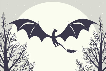 Silhouette of a mythical dragon flying with wide open wings in front of a large pale moon, framed by dark, bare tree branches, creating a mysterious night scene