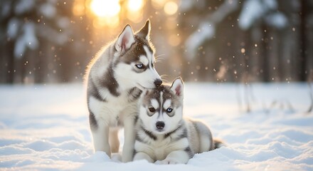 Two adorable husky puppies play in the soft snow during a beautiful winter sunset