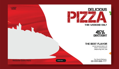 Delicious pizza special offer with 45 percent discount and best flavor text on a white background with red accents