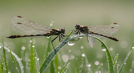 Two dragonflies perched on a dew-covered blade of grass in soft morning light
