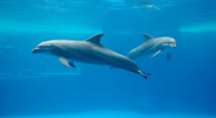 Fototapeta premium Two graceful dolphins swimming in clear blue underwater aquatic environment