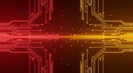 Vibrant abstract digital circuit board in red and yellow with glowing particles and light effect