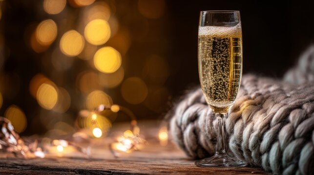dcf. A champagne flute with golden bubbles on a wooden table beside a cozy blanket and festive confetti. bar promotions, beverage menus, designed for food & beverage menus and cafe branding.
