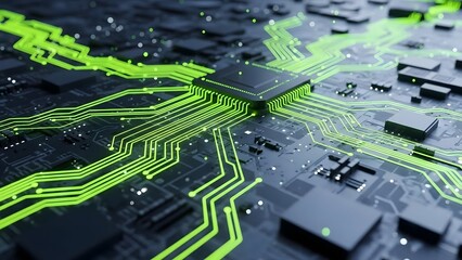 Futuristic Circuit Board with Neon Green Lines and Microchips in Technology Innovation Setting