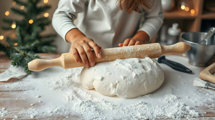 A child baker's workplace, covered in a thick layer of white flour on a worn wooden table, a long wooden rolling pin resting on a large mound of raw dough. A Christmas tree branch lies on the table