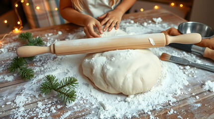 A child baker's workplace, covered in a thick layer of white flour on a worn wooden table, a long wooden rolling pin resting on a large mound of raw dough. A Christmas tree branch lies on the table