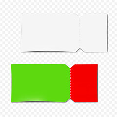 Blank paper tear-off ticket promotional card. White and color design. Realistic 3d vector mockup. Perforated promo flyer with detachable discount coupon. Mock-up. Easy editable template