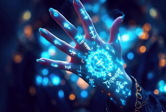 the generated video. Magical symbols glow on the hand
