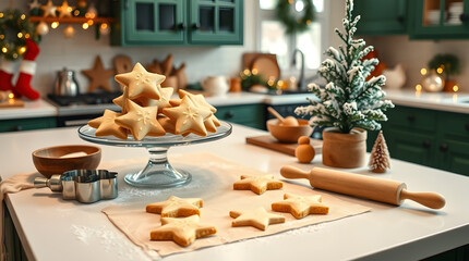 A cozy Christmas kitchen scene with freshly baked star-shaped cookies on a glass stand, rolled-out dough on a white countertop with cookie cutters, wooden bowls filled with ingredients