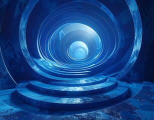 Blue vortex illusion; layered rings converge to a glowing light source, creating a surreal, depthful perspective