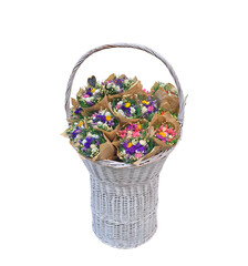 A Basket of Joy: Bright Mini Bouquets on a White Background in a Wicker Basket