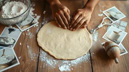 A rustic wooden table with a warm glow, the hands of a person with light brown skin and worn fingers rolling out a thin layer of creamy cookie dough, and pastel-colored photographs of flour