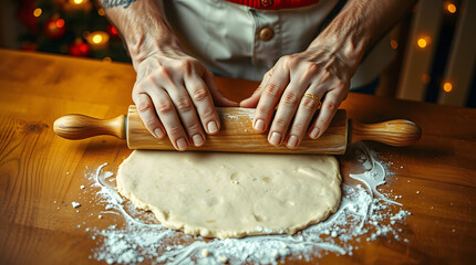 A rustic wooden table with a warm reddish-brown tone, the hands of a person with fair skin and delicate fingers rolling out a layer of creamy white cookie dough with a worn wooden rolling pin