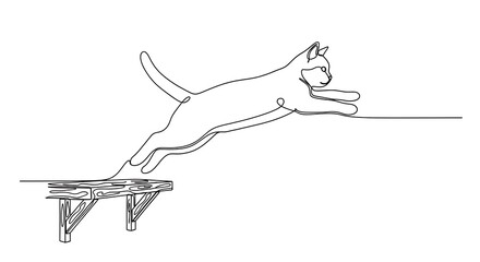 Elegant Line Art - Cat Leaping from Table in Minimalist Style.