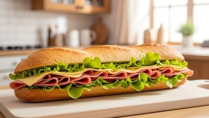 Deliciously crafted sub sandwich with fresh lettuce, savory ham, and cheese, perfect for a satisfying meal or quick bite