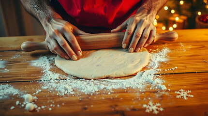 A rustic wooden table with a warm reddish-brown tone, the hands of a person with fair skin and delicate fingers rolling out a layer of creamy white cookie dough with a worn wooden rolling pin
