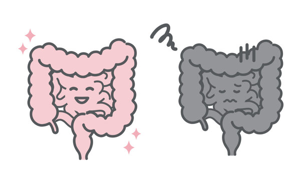 健康な腸と不調な腸の比較イラスト（キャラクター・便秘・過敏性腸症候群）