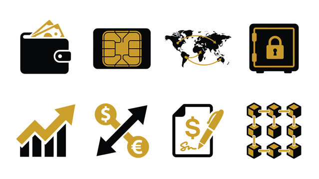 Digital Finance Icons Set Wallet SIM Card World Map Safe Growth Chart Currency Exchange Contract Blockchain Technology