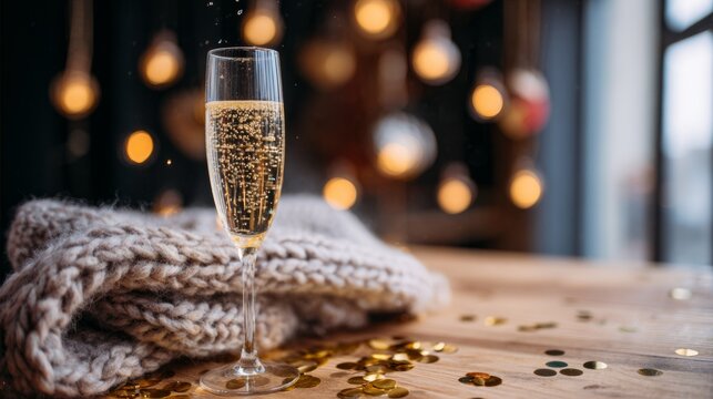 dcf. A champagne flute with golden bubbles on a wooden table beside a cozy blanket and festive confetti. bar promotions, beverage menus, designed for food & beverage menus and cafe branding.
