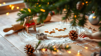 A warm and cozy holiday baking scene on a wooden table lightly dusted with flour, with a small hand reaching toward rolled-out dough and cookie cutter shapes