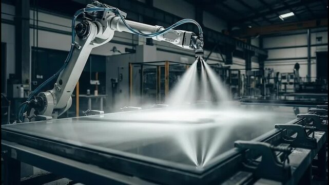 Silver mirror spraying in slow motion as mist settles on glass surface in workshop