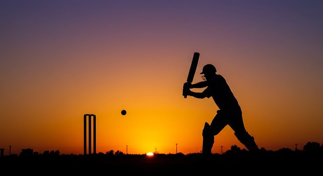 Silhouetted cricketer batting, ball in flight, sunset, dramatic colors, cricket stumps, sport equipment