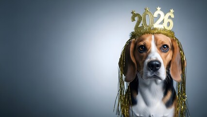 Charming beagle wearing a festive crown joyfully anticipates the arrival of the year 2026
