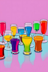 Pop art style illustration of a vibrant table setting featuring an assortment of glasses in different shapes and sizes, each filled with a distinct colorful liquid, such as bright red, electric blue