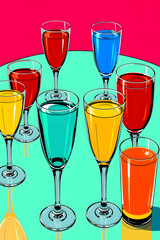 Pop art style illustration of a vibrant table setting featuring an assortment of glasses in different shapes and sizes, each filled with a distinct colorful liquid, such as bright red, electric blue