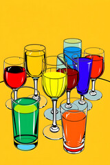 Pop art style illustration of a vibrant table setting featuring an assortment of glasses in different shapes and sizes, each filled with a distinct colorful liquid, such as bright red, electric blue