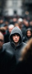 Fototapeta premium Lonely figure walking through a busy street surrounded by people