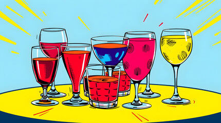 Pop art style illustration of a vibrant table setting featuring an assortment of glasses in different shapes and sizes, each filled with a distinct colorful liquid, such as bright red, electric blue