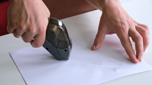 Using a scotch dispenser. Sticking tape on a piece of paper. Training in the use of stationery. Pieces of scotch tape. Working male's hands close-up. High quality 4K footage.