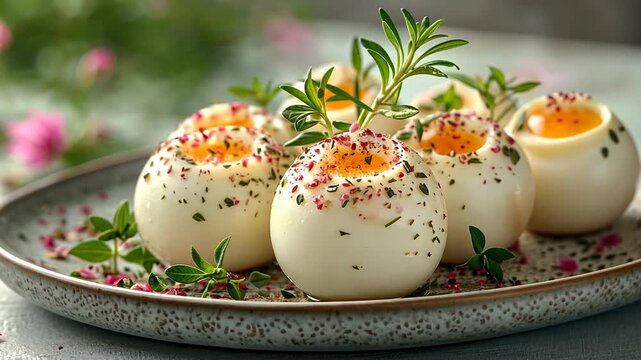 A close-up shot showcases boiled eggs topped with herbs and spices, presented on a plate with flowers.